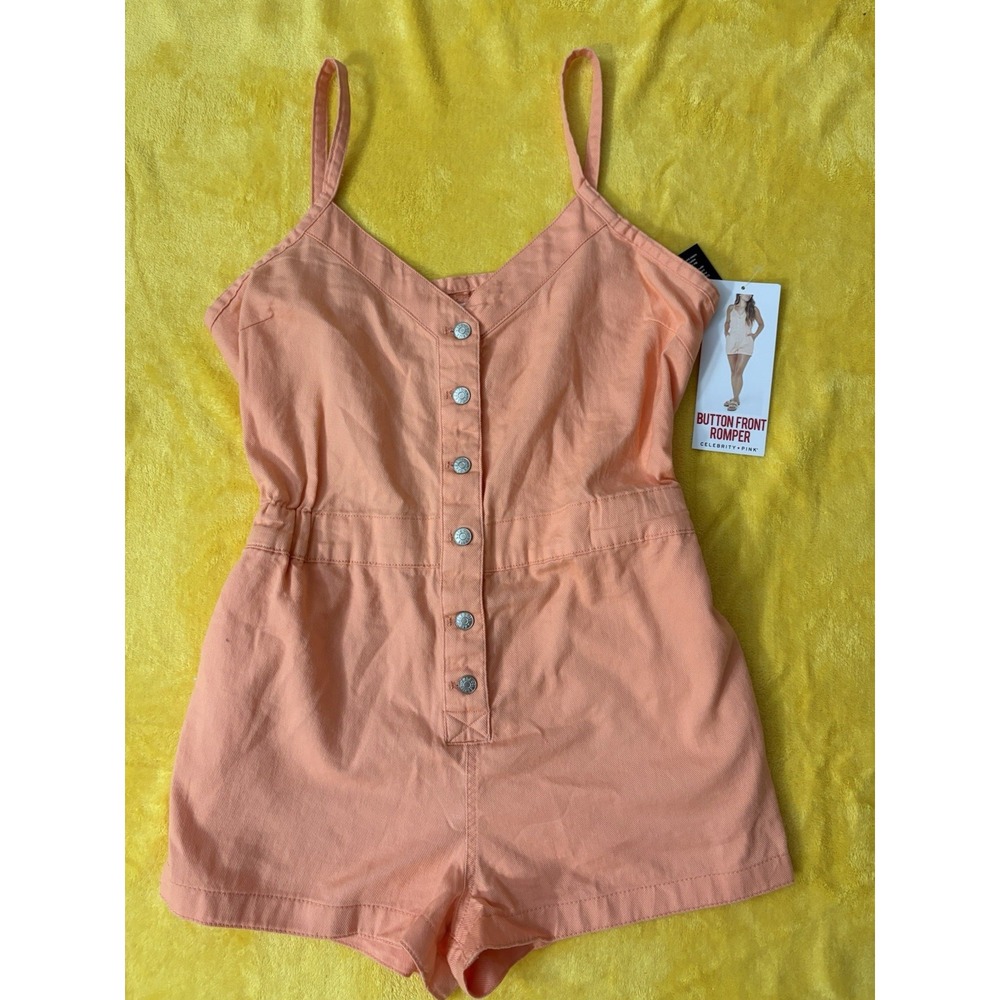 Celebrity Pink Women Romper Peach Button Front Denim Sleeveless V-Neck Siz M NWT